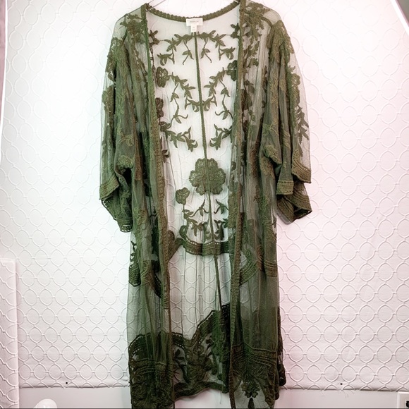 Dizzy Tops - Dizzy Gal Green Embroidered Sheer Duster Kimono XL